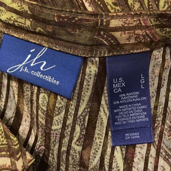 JH Collectibles. Size Large. Sheer Long Sleeve Blouse. Rayon/Nylon. B21 - Picture 4 of 4